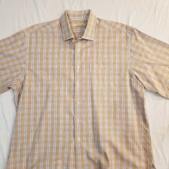 Peter Millar Short Sleeve Button Up Shirt Tan Blue Check Plaid XL - Picture 10 of 16
